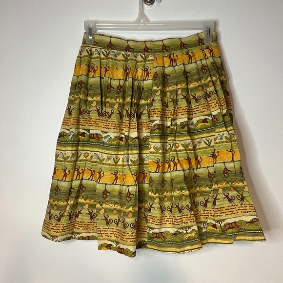 Vintage Handmade Monkey Fruit Jungle Print Pleated Skirt - Picture 1 of 5